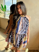 Load image into Gallery viewer, Halter Navy Mix Giraffe Print Dress

